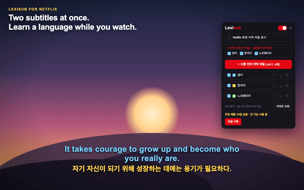 Lexisub on Netflix: multiple synced subtitle lines over the player, with the control panel for picking languages