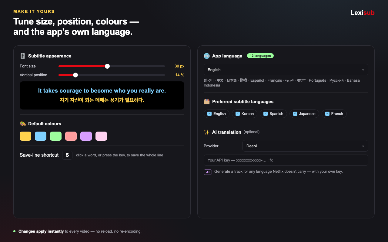 Ajustes de Lexisub: tamaño, posición y color de subtítulos, idiomas preferidos y clave de traducción con IA