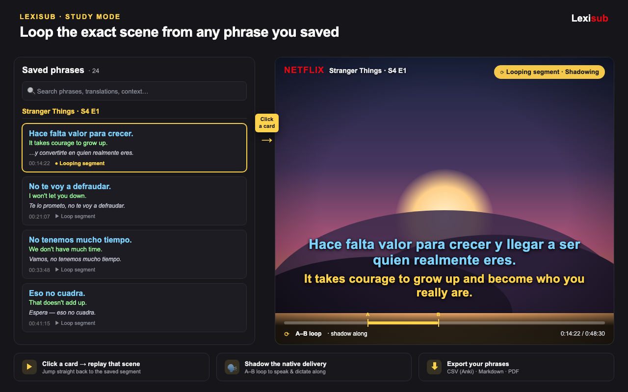 Reviewing saved Netflix phrases in Lexisub study mode with an A–B loop